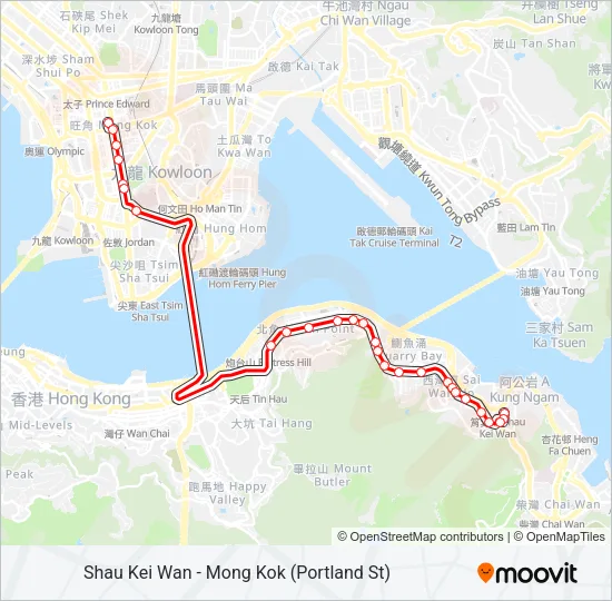 筲箕灣 - 旺角(砵蘭街) Bus Line Map