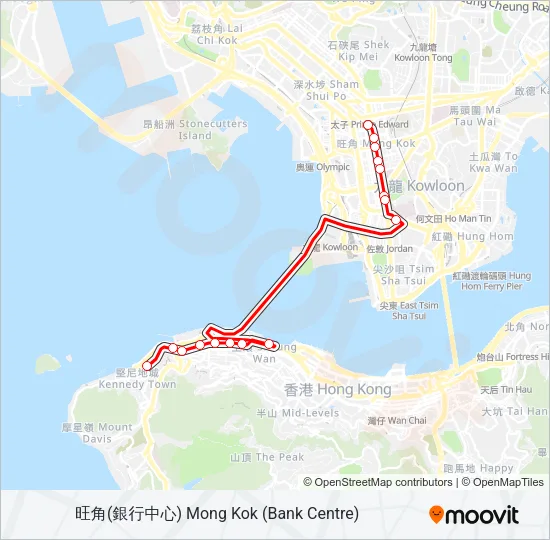 巴士西環 — 旺角(銀行中心)的線路圖