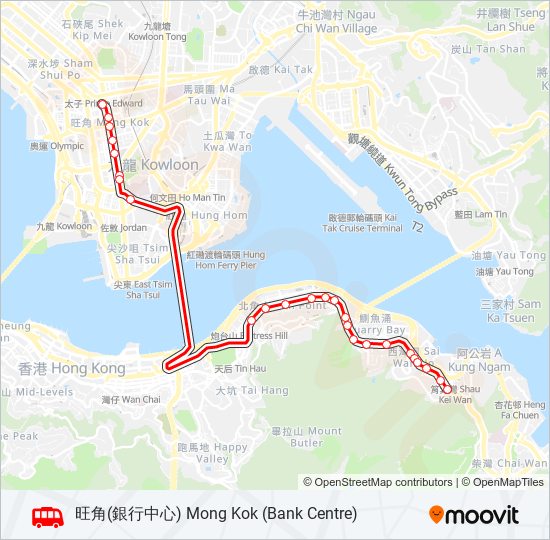 巴士筲箕灣 - 旺角(銀行中心)的線路圖