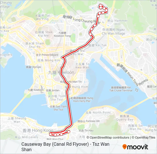 銅鑼灣(鵝頸橋) — 慈雲山 Bus Line Map