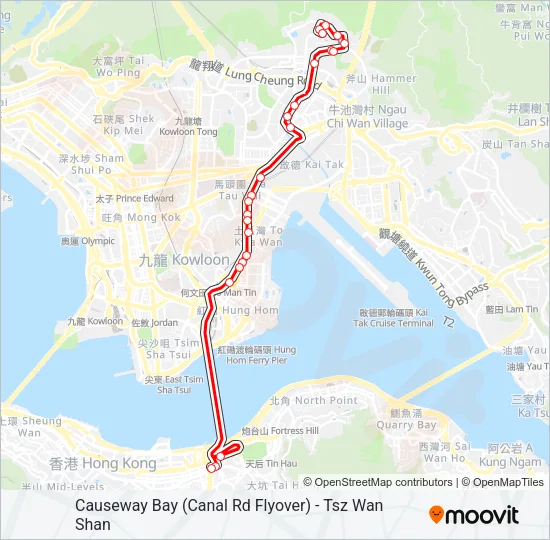 銅鑼灣(鵝頸橋) — 慈雲山 Bus Line Map