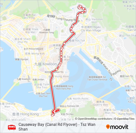 銅鑼灣(鵝頸橋) — 慈雲山 bus Line Map
