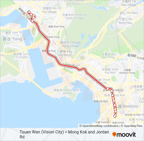 巴士荃灣(萬景峯) ＞ 旺角／佐敦道的線路圖