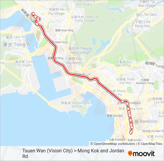 荃灣(萬景峯) ＞ 旺角／佐敦道 Bus Line Map