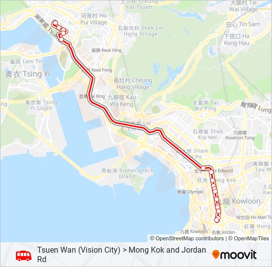 荃灣(萬景峯) ＞ 旺角／佐敦道 bus Line Map