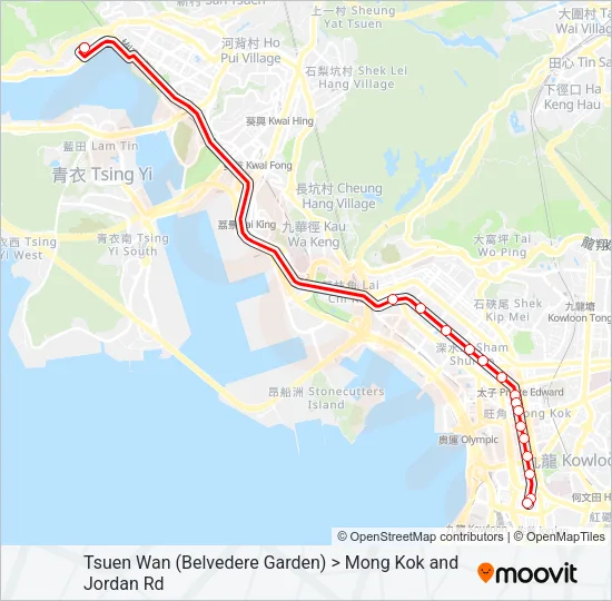 荃灣(麗城花園) ＞ 旺角／佐敦道 Bus Line Map