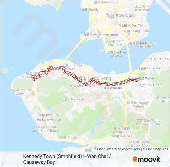 西環(士美非路) ＞ 灣仔／銅鑼灣 Bus Line Map