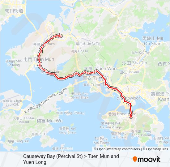 銅鑼灣(波斯富街) ＞ 屯門／元朗 Bus Line Map