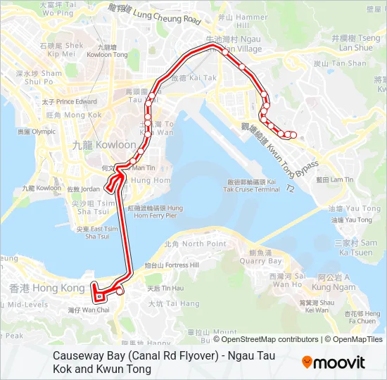 銅鑼灣(鵝頸橋) - 牛頭角/觀塘 Bus Line Map