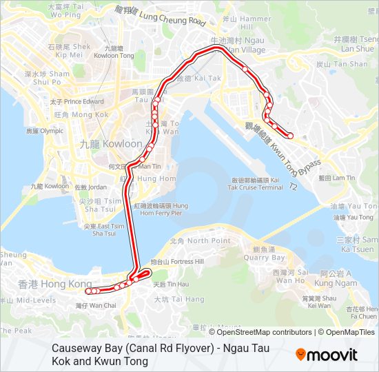 巴士銅鑼灣(鵝頸橋) - 牛頭角/觀塘的線路圖