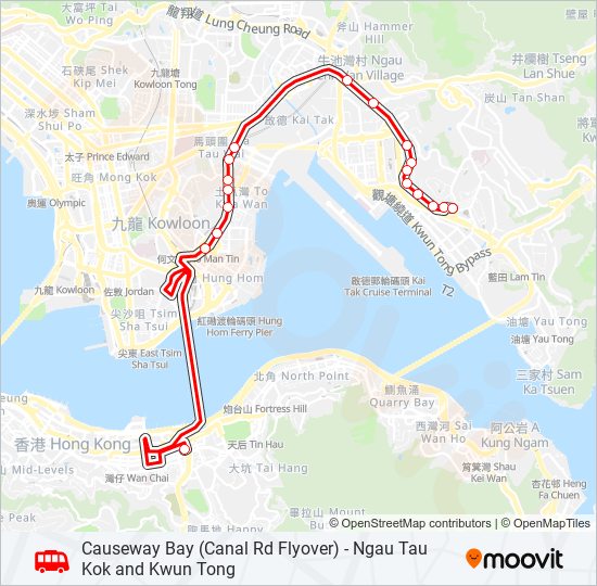 銅鑼灣(鵝頸橋) - 牛頭角/觀塘 bus Line Map