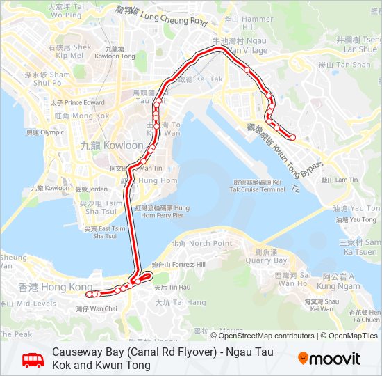 銅鑼灣(鵝頸橋) - 牛頭角/觀塘 bus Line Map