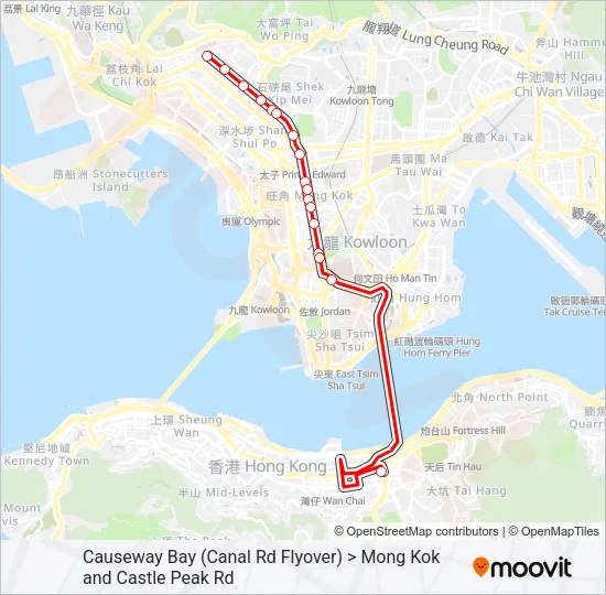 銅鑼灣(鵝頸橋) ＞ 旺角/青山道 Bus Line Map