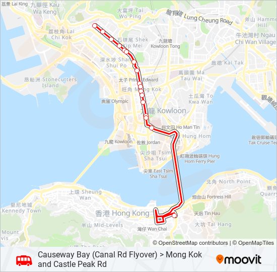 銅鑼灣(鵝頸橋) ＞ 旺角/青山道 bus Line Map