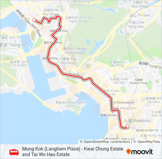 旺角(朗豪坊) — 葵涌邨／大窩口邨 bus Line Map
