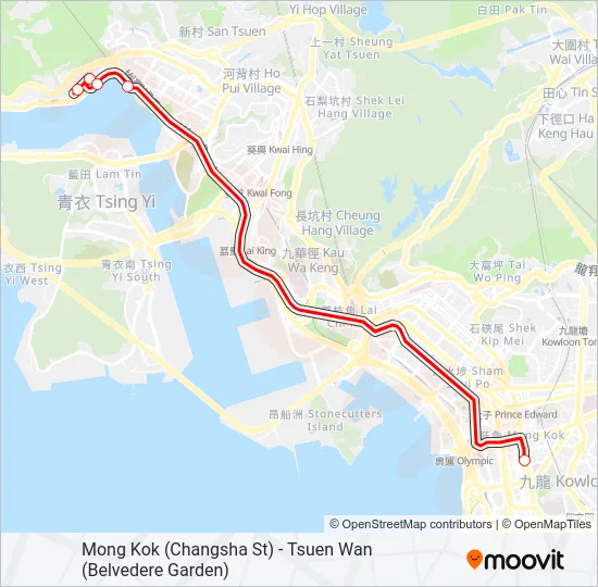 旺角(長沙街) ＞ 荃灣(麗城花園) Bus Line Map