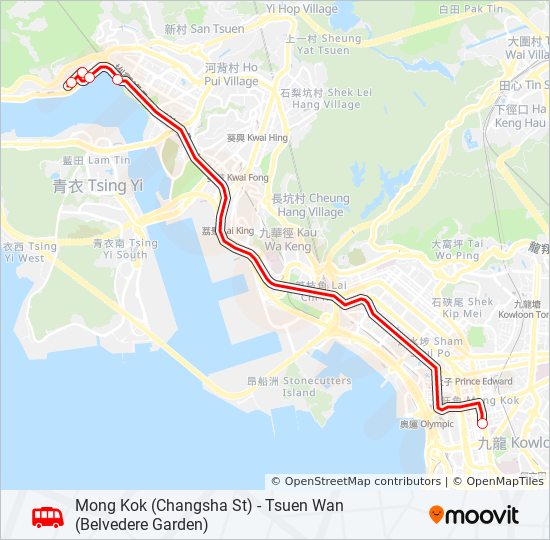 旺角(長沙街) ＞ 荃灣(麗城花園) bus Line Map