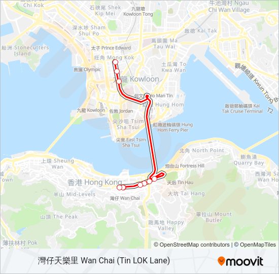 巴士灣仔(天樂里) — 旺角(銀行中心)的線路圖