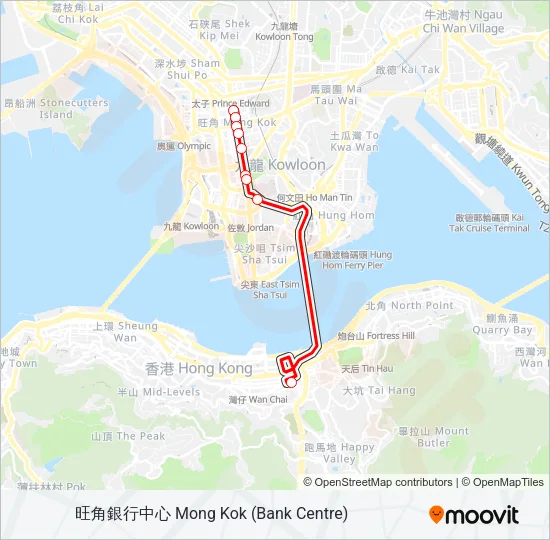灣仔(天樂里) — 旺角(銀行中心) Bus Line Map