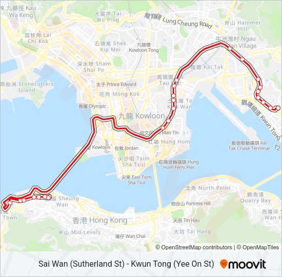 巴士西環(修打蘭街) — 觀塘(宜安街)的線路圖