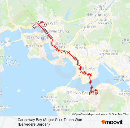 銅鑼灣(糖街) ＞ 荃灣(麗城花園) Bus Line Map