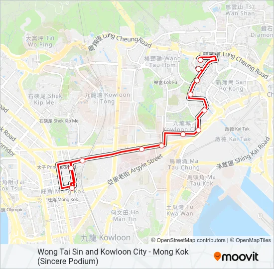 黃大仙／九龍城 — 旺角(先達廣場) Bus Line Map