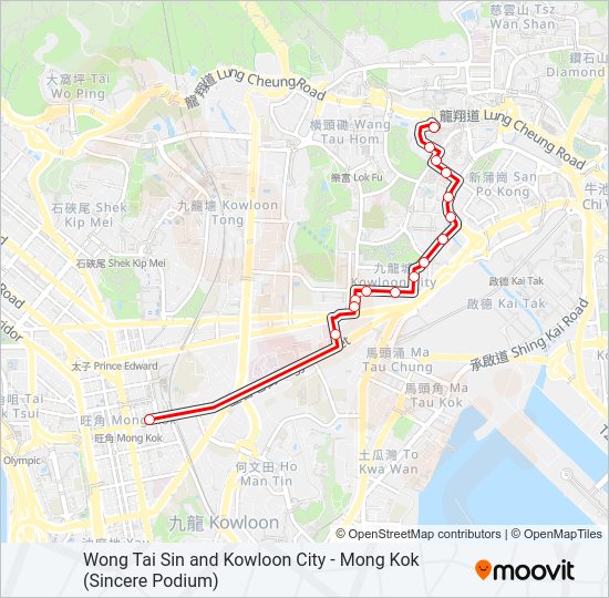 黃大仙／九龍城 — 旺角(先達廣場) Bus Line Map