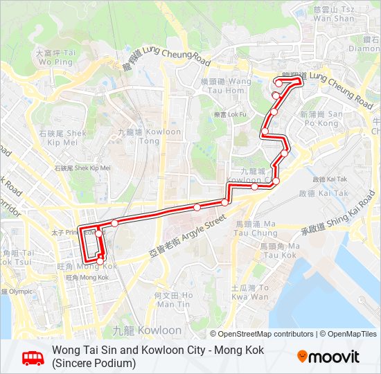 巴士黃大仙／九龍城 — 旺角(先達廣場)的線路圖