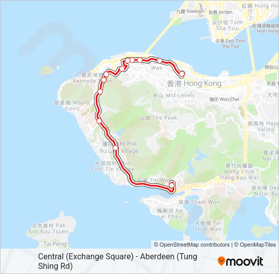 中環(交易廣場) — 香港仔(東勝道) Bus Line Map