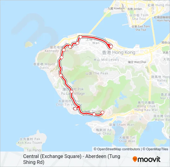 中環(交易廣場) — 香港仔(東勝道) Bus Line Map