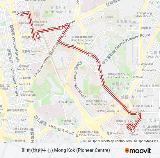紅磡(寶其利街) — 旺角(始創中心) Bus Line Map