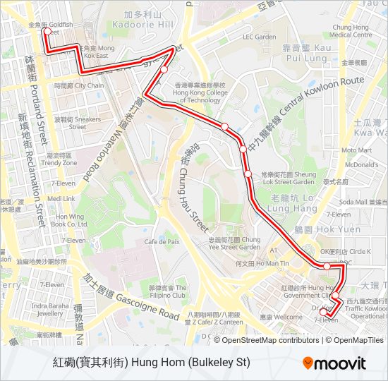 紅磡(寶其利街) — 旺角(始創中心) Bus Line Map