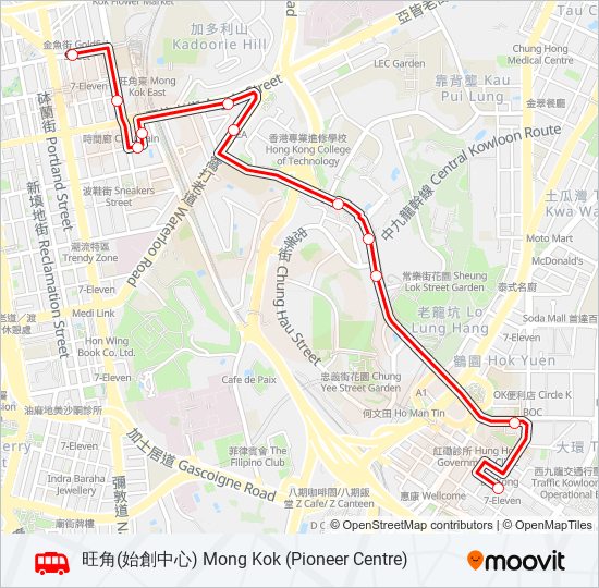 紅磡(寶其利街) — 旺角(始創中心) bus Line Map