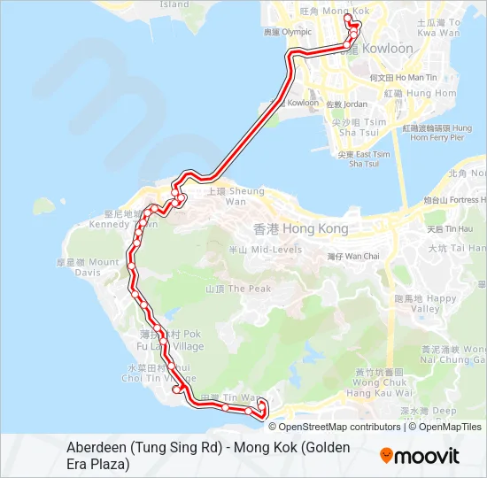 香港仔(東勝道) — 旺角(金雞廣場) Bus Line Map