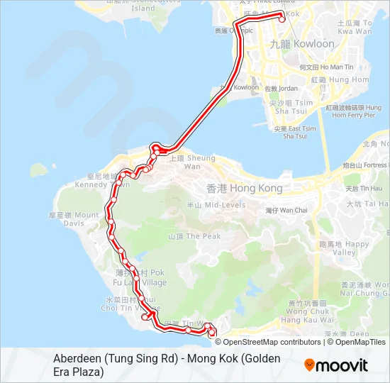 香港仔(東勝道) — 旺角(金雞廣場) Bus Line Map