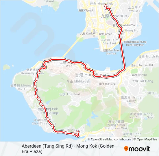 香港仔(東勝道) — 旺角(金雞廣場) Bus Line Map