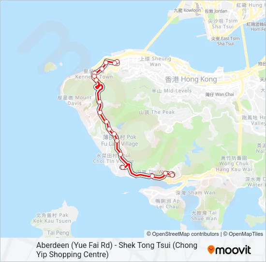 香港仔(漁暉道) - 石塘咀(創業商場) Bus Line Map