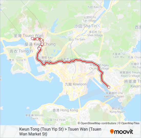 觀塘(駿業街) ＞ 荃灣(荃灣街市街) Bus Line Map