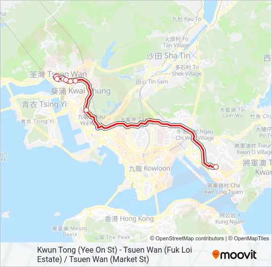 觀塘(宜安街) — 荃灣(福來邨) / 荃灣(街市街) Bus Line Map