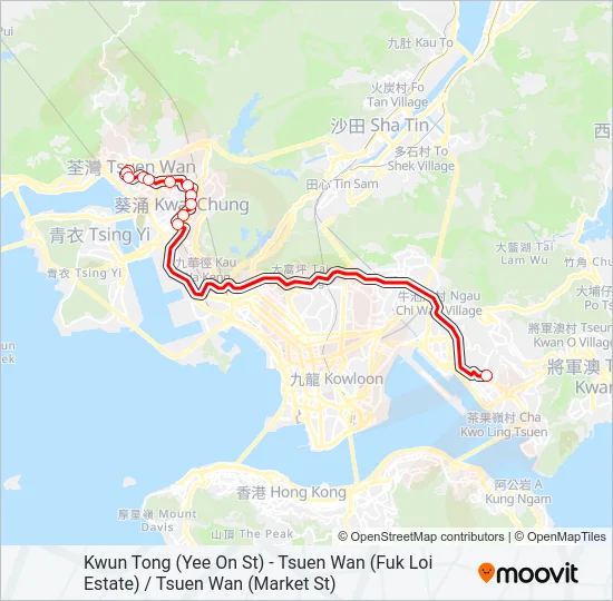觀塘(宜安街) — 荃灣(福來邨) / 荃灣(街市街) Bus Line Map