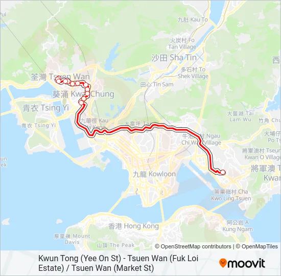 巴士觀塘(宜安街) — 荃灣(福來邨) / 荃灣(街市街)的線路圖