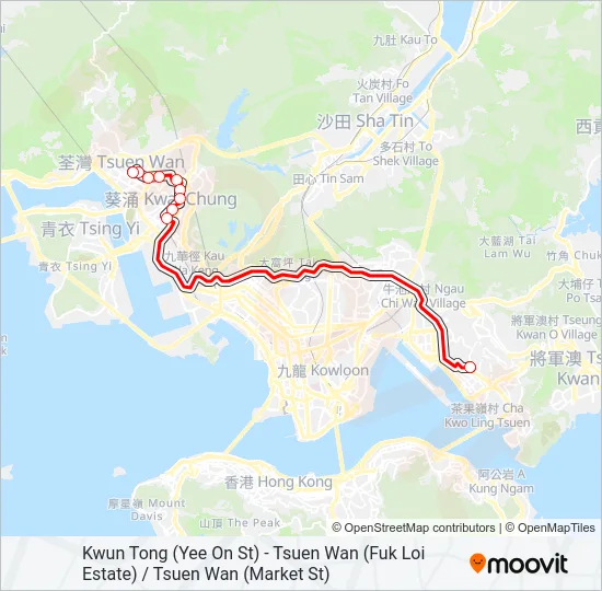 觀塘(宜安街) — 荃灣(福來邨) / 荃灣(街市街) Bus Line Map