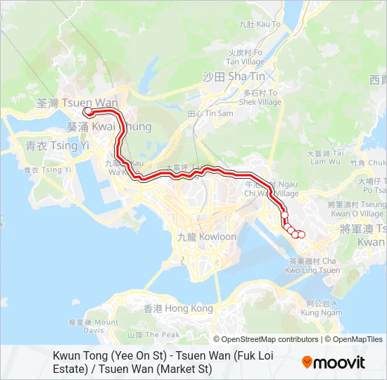觀塘(宜安街) — 荃灣(福來邨) / 荃灣(街市街) Bus Line Map