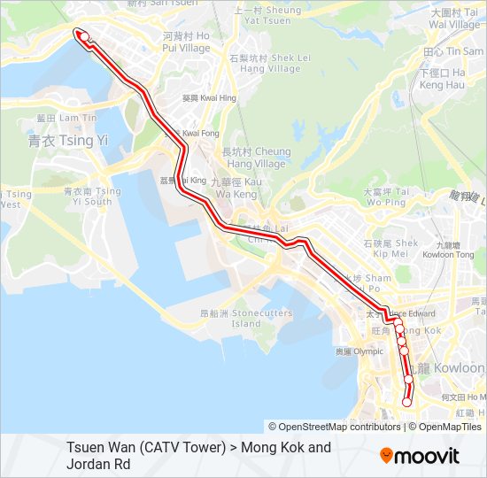 荃灣(有線電視大樓) ＞ 旺角／佐敦道 Bus Line Map