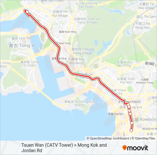 荃灣(有線電視大樓) ＞ 旺角／佐敦道 Bus Line Map