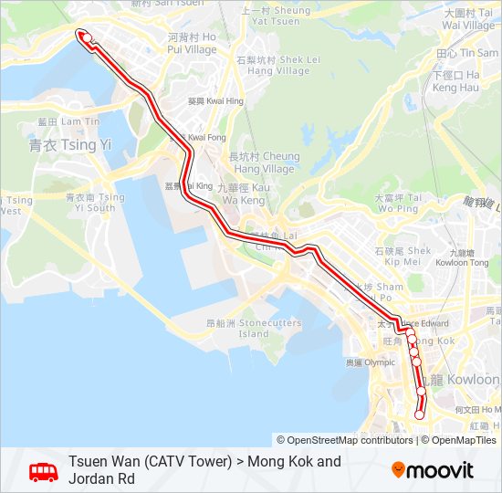 巴士荃灣(有線電視大樓) ＞ 旺角／佐敦道的線路圖