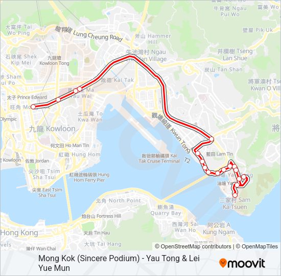 巴士旺角(先達廣場) -- 油塘(高俊苑)的線路圖