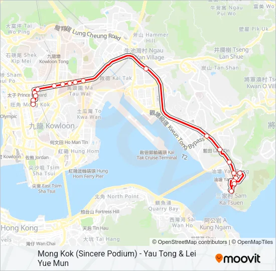 巴士旺角(先達廣場) -- 油塘(高俊苑)的線路圖