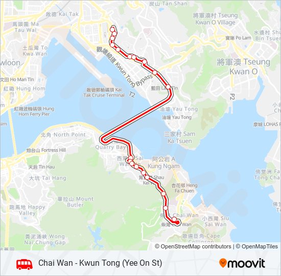 巴士柴灣 - 觀塘(宜安街)/ 九龍灣 KOWLOON BAY的線路圖