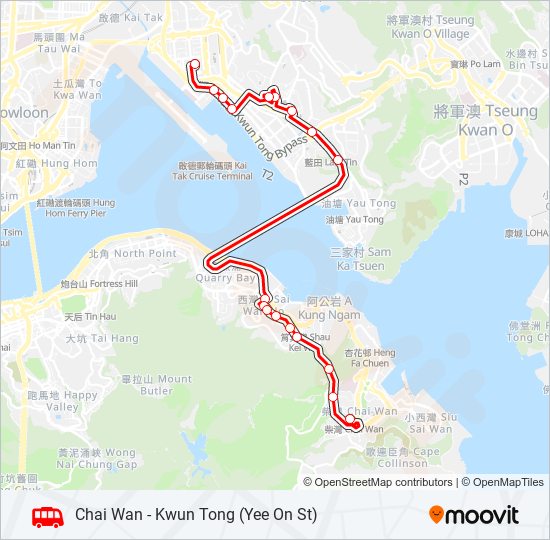 巴士柴灣 - 觀塘(宜安街)/ 九龍灣 KOWLOON BAY的線路圖